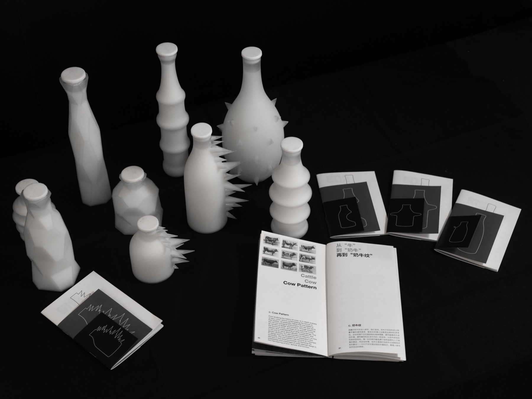 Sculptural bottles and printed books